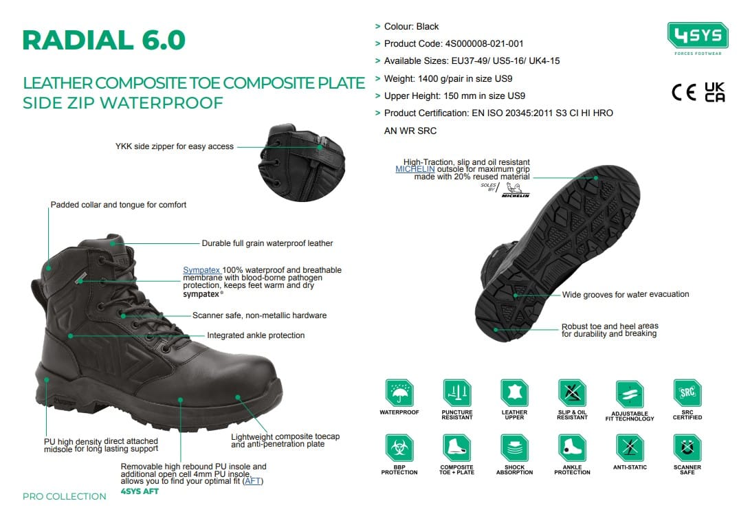 4SYS Boots 4SYS RADIAL 6.0 LEATHER CT CP SZ WP Spec Sheet