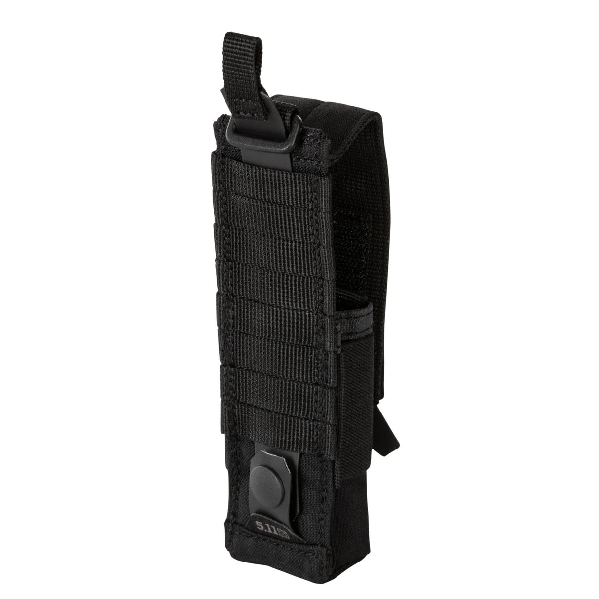 Back view of the 5.11 Flex Flashlight Pouch in black showing its MOLLE compatible attachment system