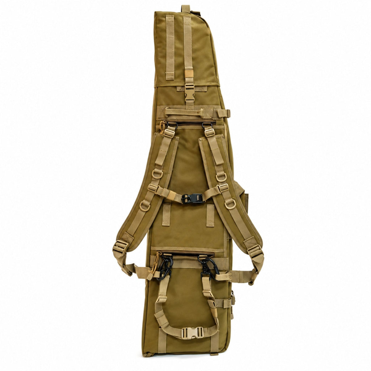 Rear view of the AIM 45 Rifle Drag Bag in Tan, featuring adjustable padded shoulder straps, chest strap, waist belt and reinforced backpack carrying system.