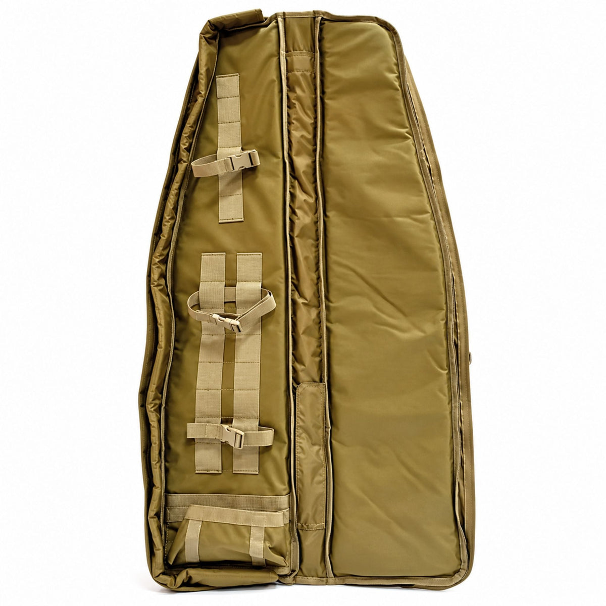 Interior of the AIM 45 Rifle Drag Bag in Tan, showing padded rifle protection, adjustable securing straps and reinforced stock support pocket.