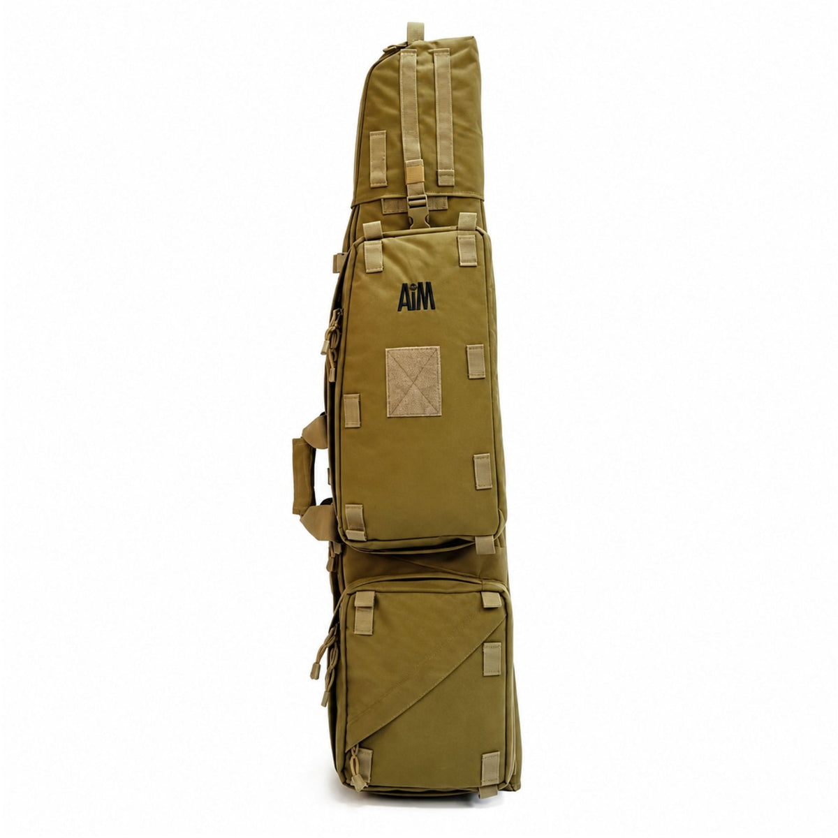 AIM 45 Rifle Drag Bag in Tan, front view showing two large zipped storage compartments, reinforced carry handle and durable tactical construction.