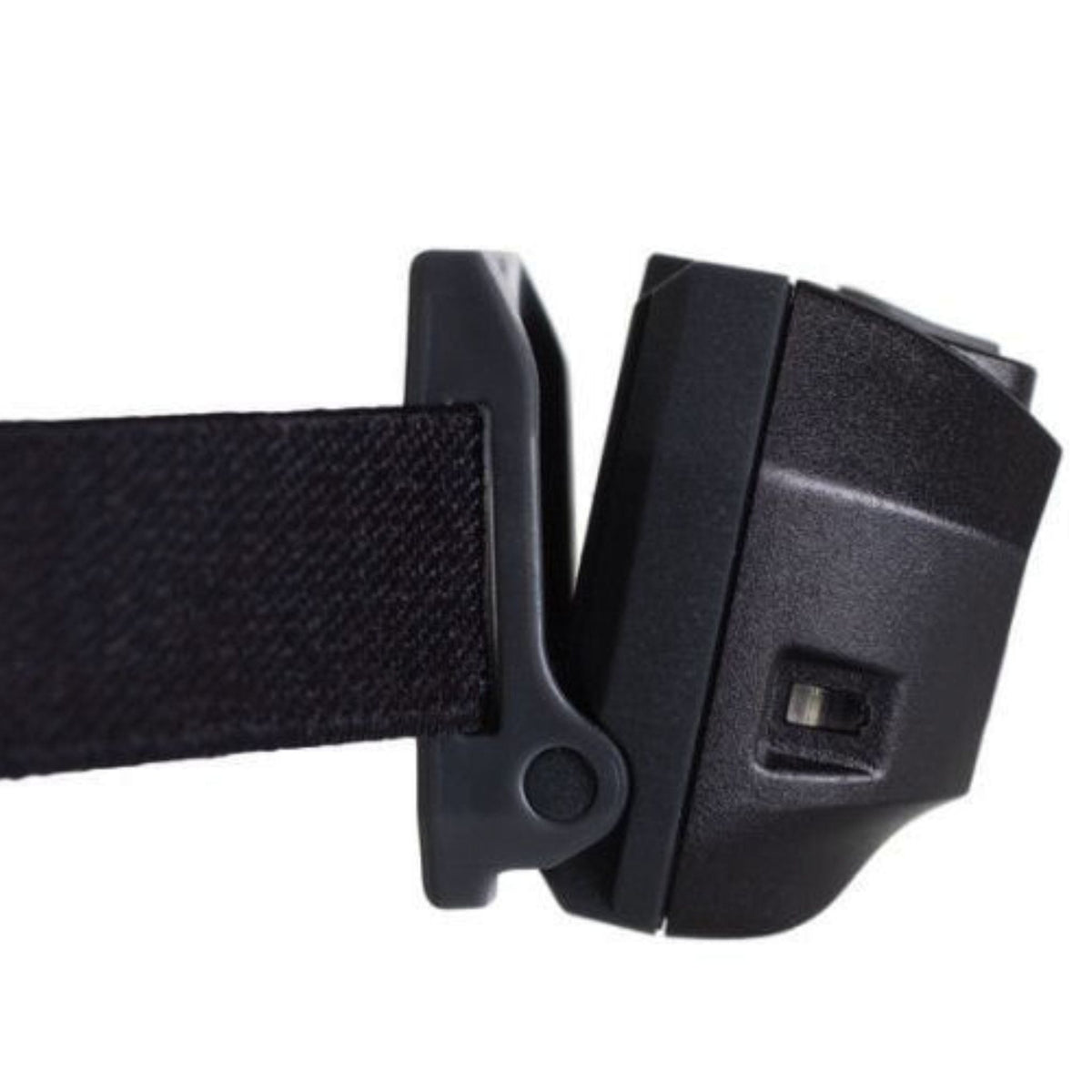 Side view of black Mil-Tec head torch showing adjustable headband and compact battery housing