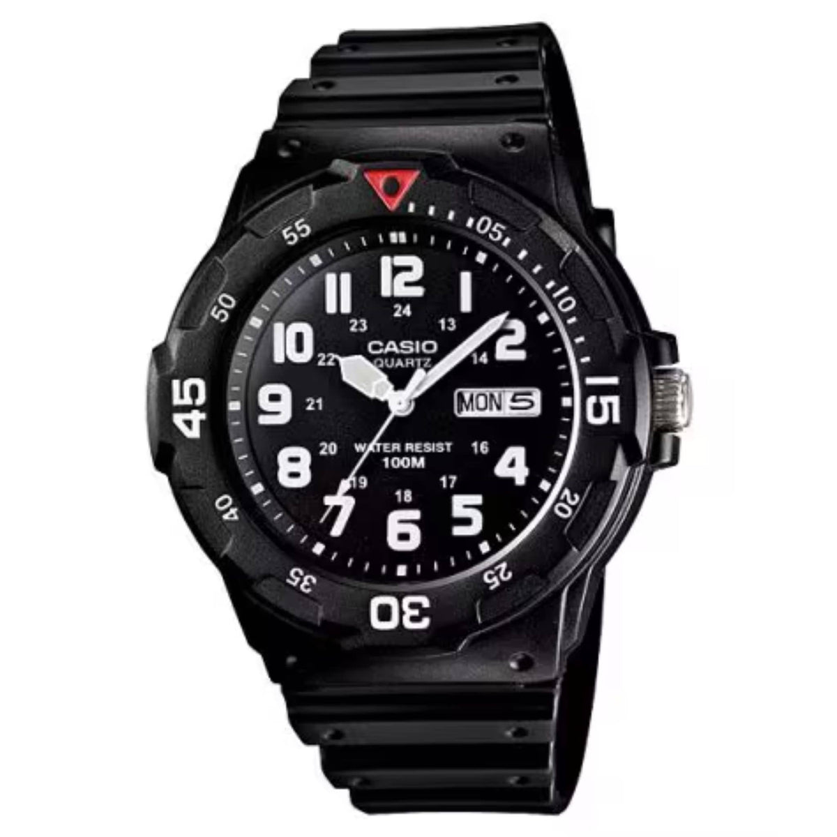 Casio MRW-200H-1BVES men's black analogue watch with resin strap, rotating bezel and day-date display