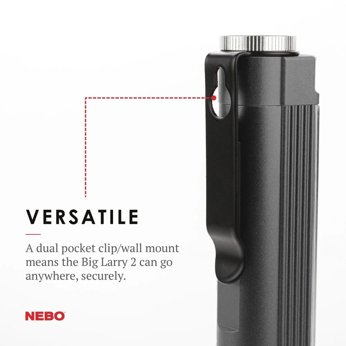 NEBO Big Larry 2 black LED inspection torch showing integrated pocket clip for hands-free carrying