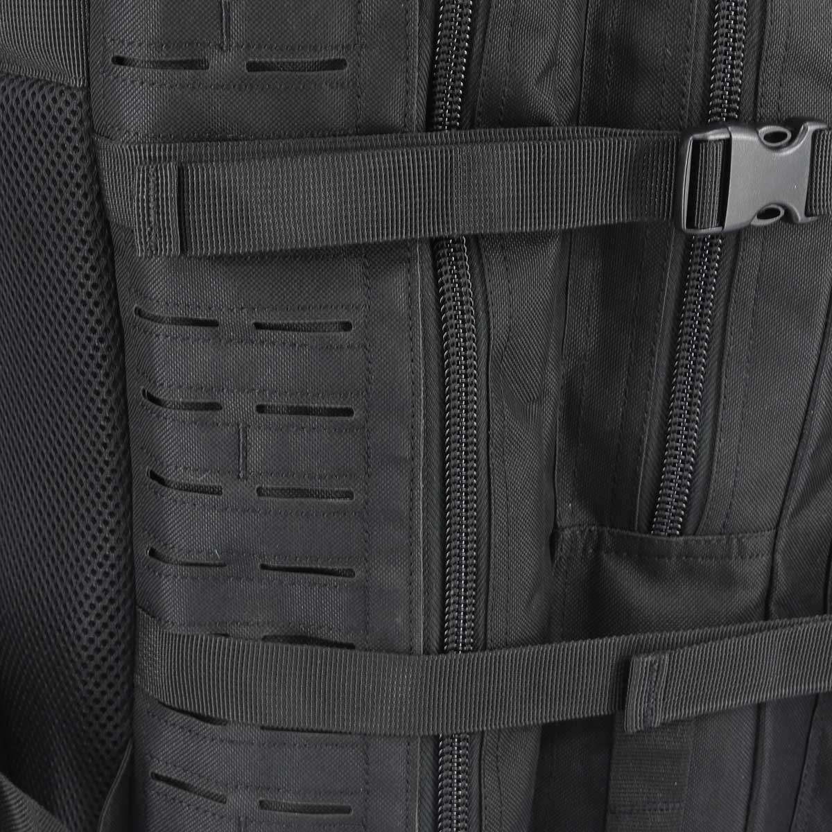 Durable 1000D abrasion-resistant nylon fabric texture on the Op. Zulu black military backpack