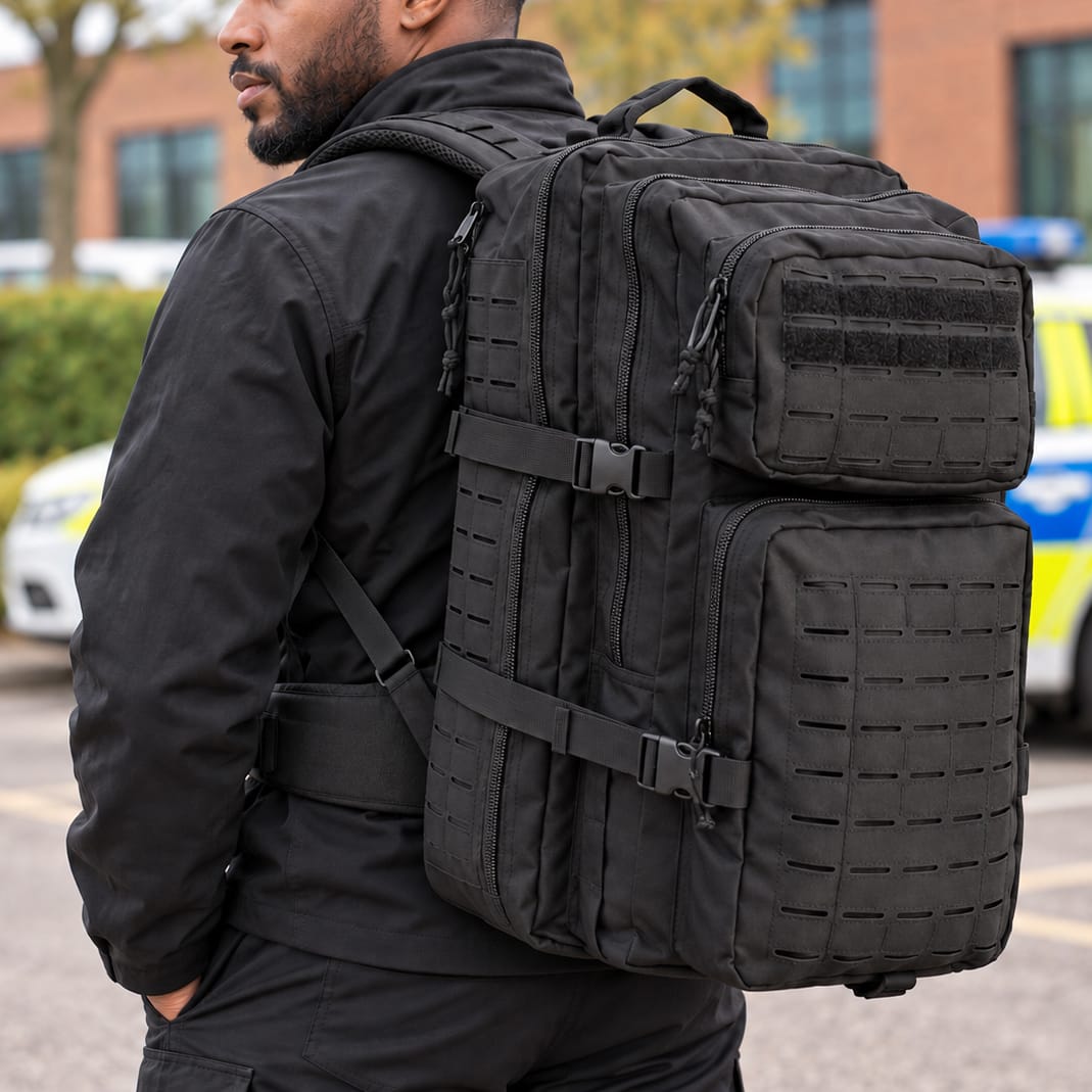 Police officer using the Op. Zulu 40L laser MOLLE rucksack as a reliable on-duty kit bag