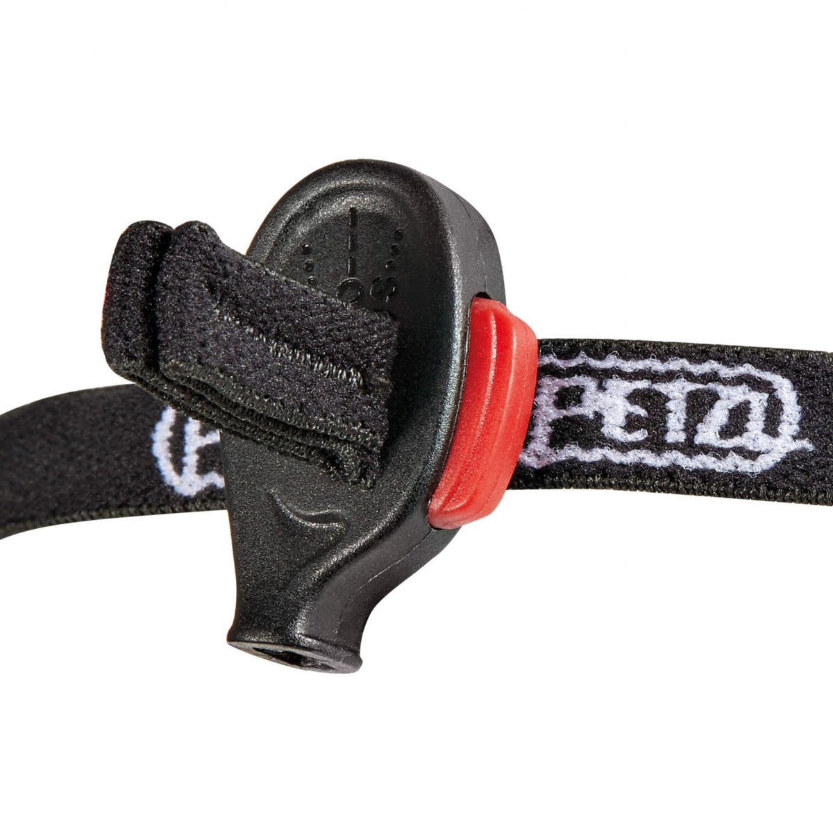 Side view of Petzl e+LITE headtorch showing adjustable light housing and red detailing