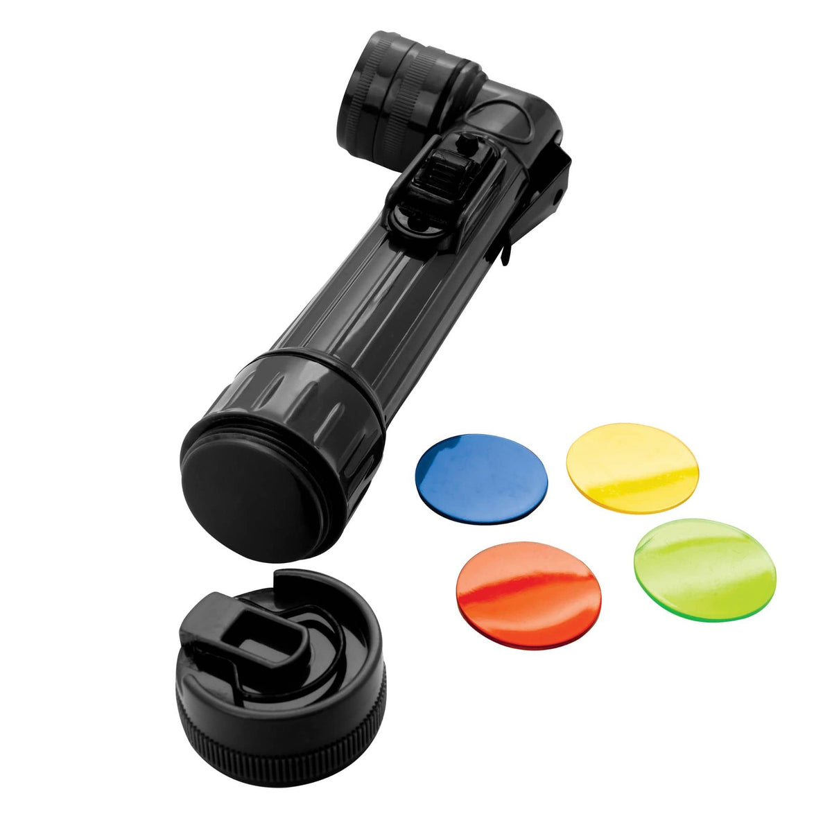 Rothco Mini Right Angled Torch in black with red, blue, yellow and green coloured lens filters