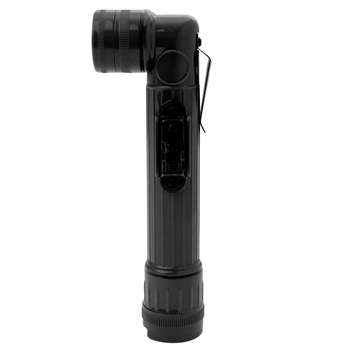 Rear view of Rothco Mini Right Angled Torch in black showing integrated pocket clip
