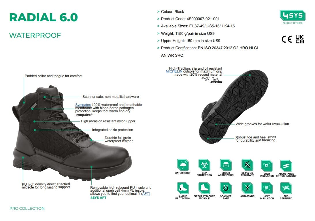 4SYS Boots 4SYS Radial 6.0 Waterproof Boot Spec Sheet
