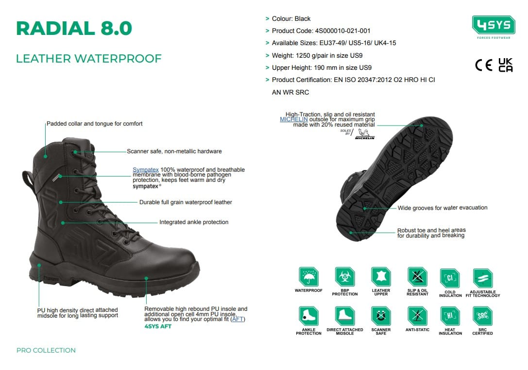4SYS Boots 4SYS RADIAL 8.0 LEATHER WP Boot Spec Sheet