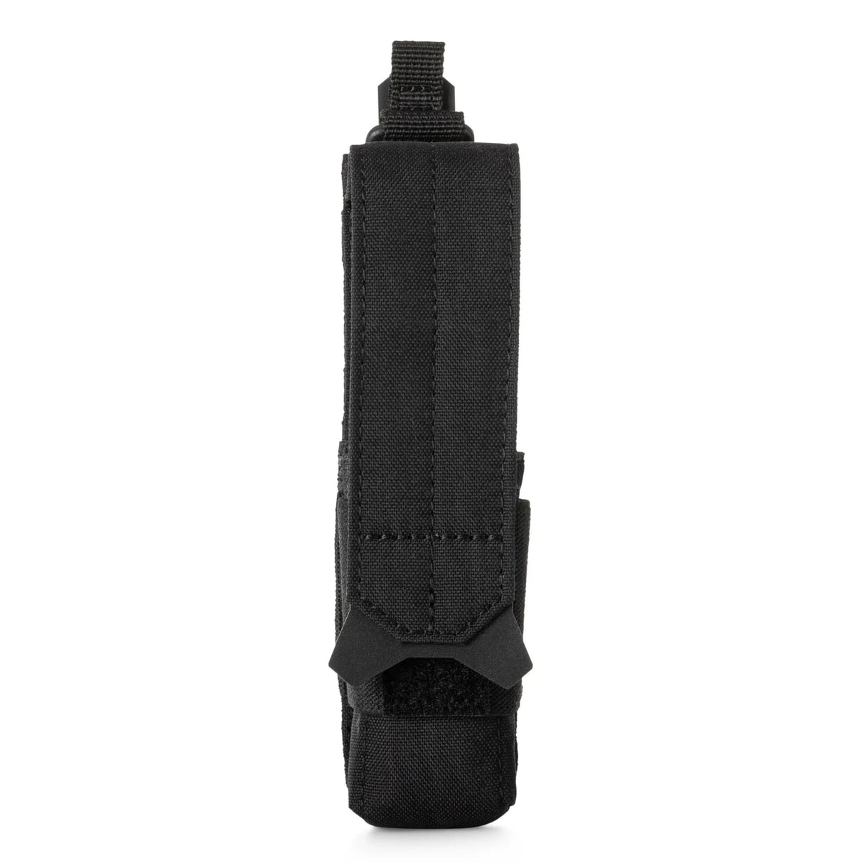 Angled view of the 5.11 Flex Flashlight Pouch in black with secure tactical mounting straps
