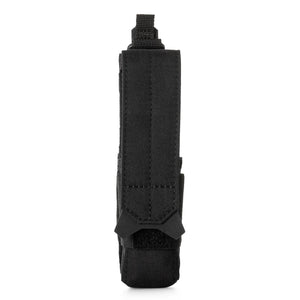 Angled view of the 5.11 Flex Flashlight Pouch in black with secure tactical mounting straps