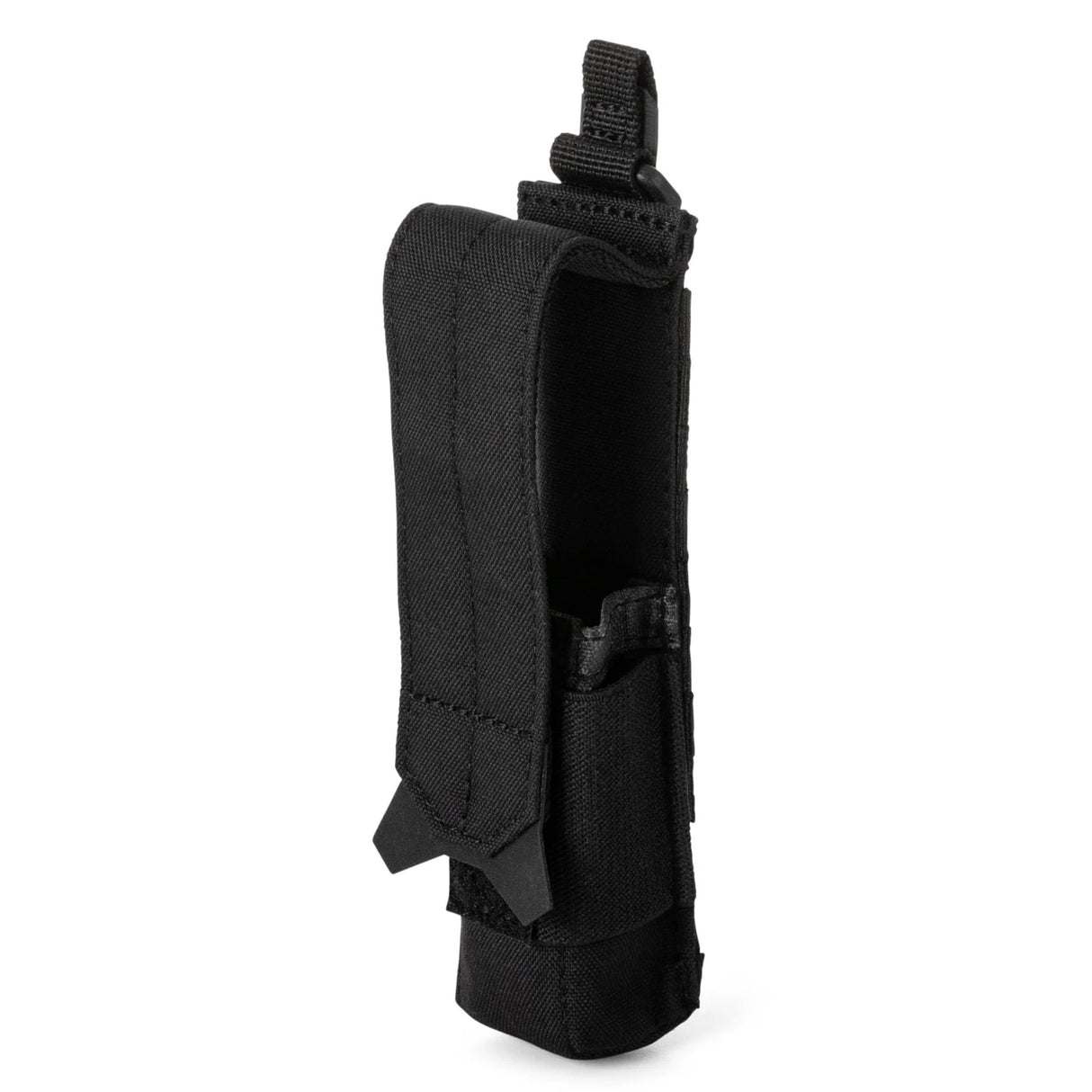 5.11 Flex Flashlight Pouch in black shown from the side with adjustable attachment strap
