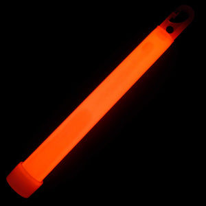 Orange 6 inch emergency glow stick illuminated in darkness with integrated hanging hook