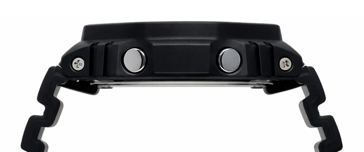 Side profile of Casio G-Shock GA-B2100-1AER black rugged watch case