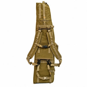 Rear view of the AIM 45 Rifle Drag Bag in Tan, featuring adjustable padded shoulder straps, chest strap, waist belt and reinforced backpack carrying system.