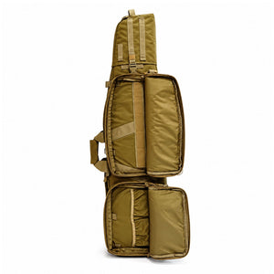 AIM 45 Rifle Drag Bag in Tan with two external utility pockets opened to show spacious storage compartments for shooting accessories and equipment.