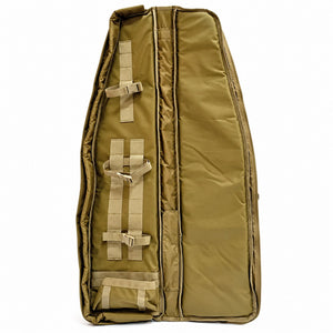 Interior of the AIM 45 Rifle Drag Bag in Tan, showing padded rifle protection, adjustable securing straps and reinforced stock support pocket.