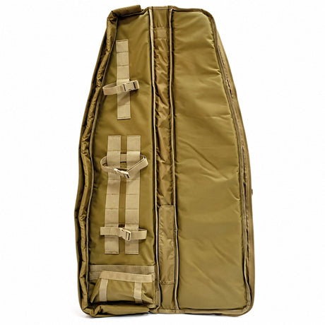 Interior of the AIM 45 Rifle Drag Bag in Tan, showing padded rifle protection, adjustable securing straps and reinforced stock support pocket.
