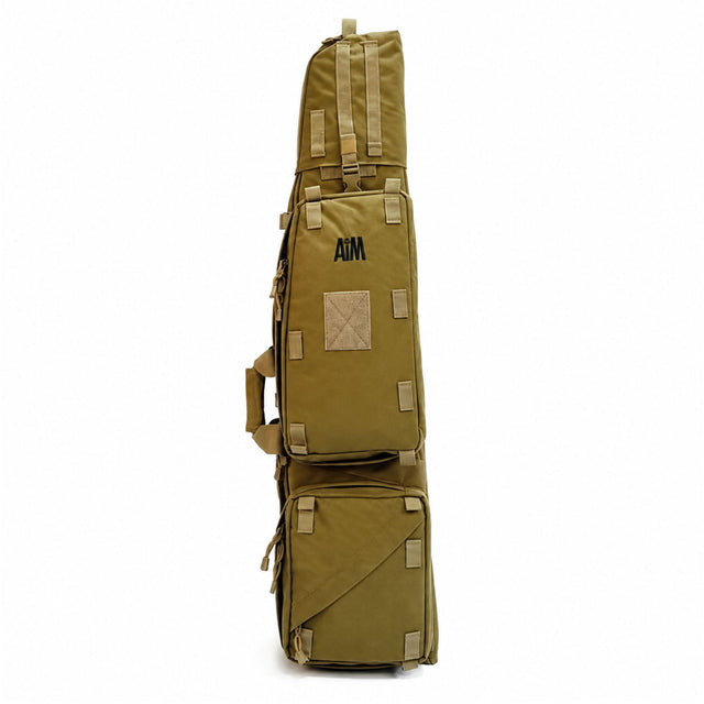 AIM 45 Rifle Drag Bag in Tan, front view showing two large zipped storage compartments, reinforced carry handle and durable tactical construction.