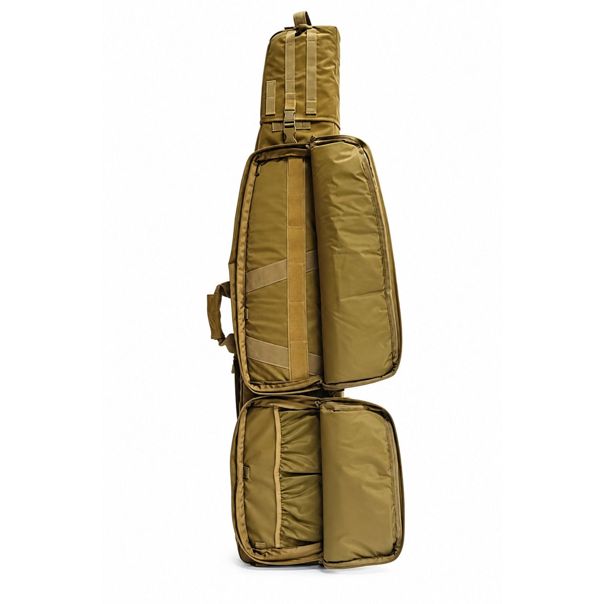 AIM 60 Rifle Drag Bag in Tan with two external utility compartments opened to show spacious storage pockets for shooting accessories and equipment.