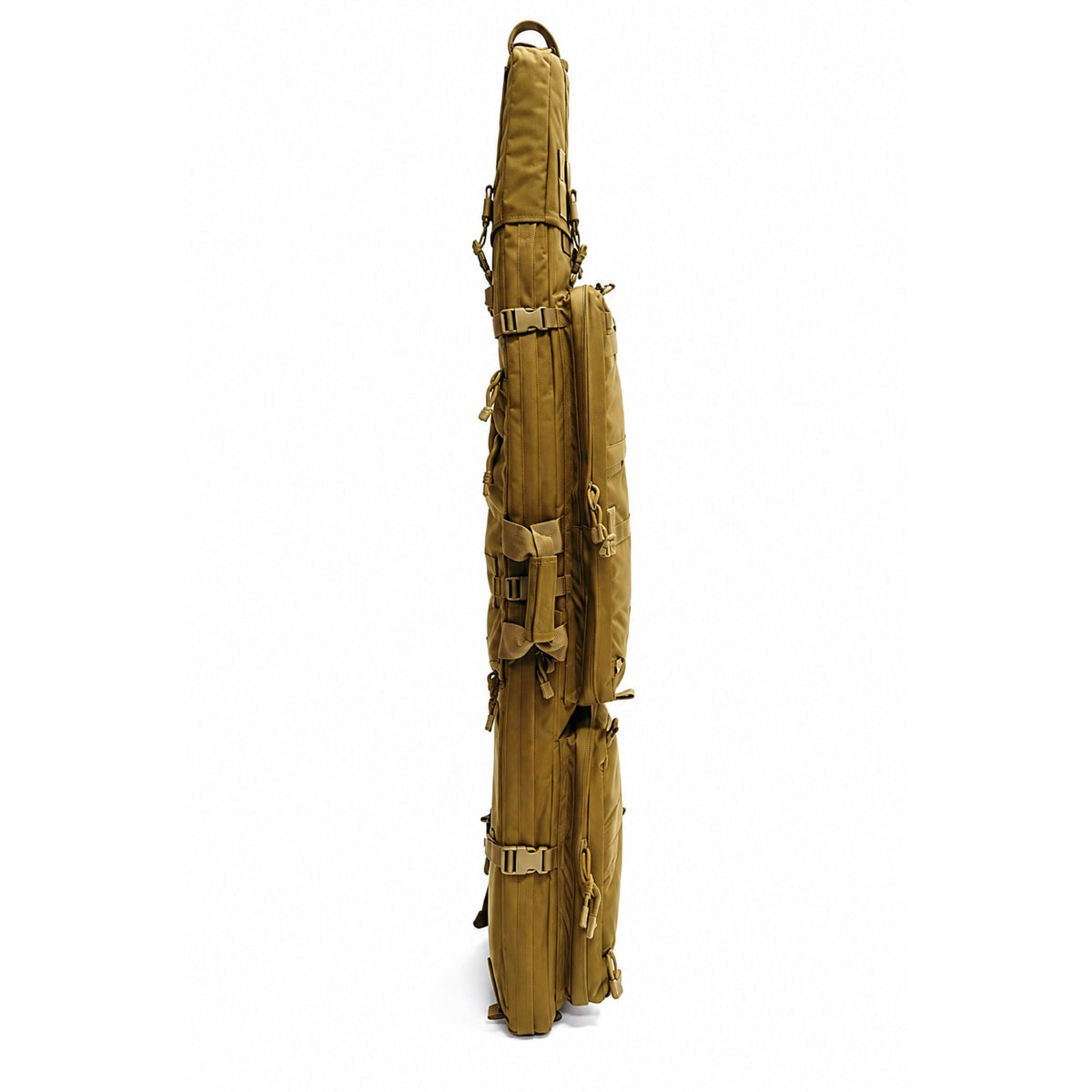 Side view of the AIM 60 Rifle Drag Bag in Tan, featuring adjustable compression straps, reinforced stitching and zipped storage compartments.
