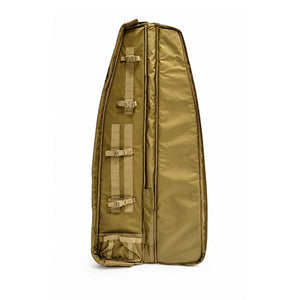 Interior of the tan AIM 60 Rifle Drag Bag showing padded rifle protection, adjustable securing straps and reinforced storage compartments.
