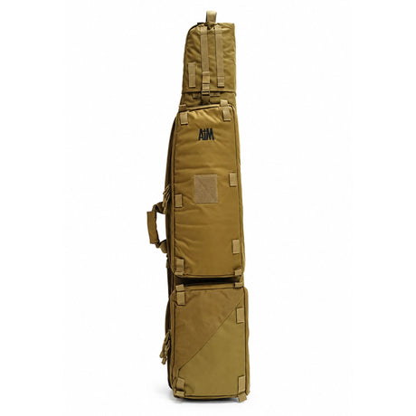AIM 60 Tactical Rifle Drag Bag in Tan featuring two large external storage pockets, reinforced carry handle and durable construction for long rifles.