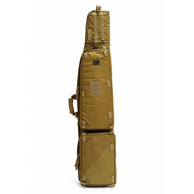 AIM 60 Tactical Rifle Drag Bag in Tan featuring two large external storage pockets, reinforced carry handle and durable construction for long rifles.