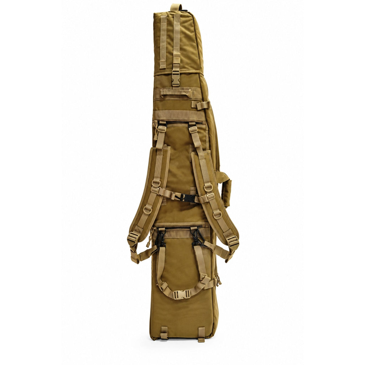Tan AIM 60 Rifle Drag Bag rear view showing adjustable padded shoulder straps, secure chest strap and reinforced backpack carrying system.