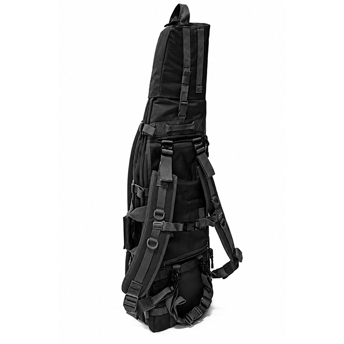 Rear view of the black AIM FSX-42 Reverse Folding Stock Rifle Bag, featuring adjustable padded shoulder straps, waist belt and secure backpack carrying system.