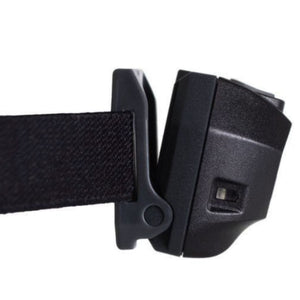 Side view of black Mil-Tec head torch showing adjustable headband and compact battery housing