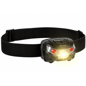Mil-Tec black LED head torch with white and red lights illuminated and adjustable head strap