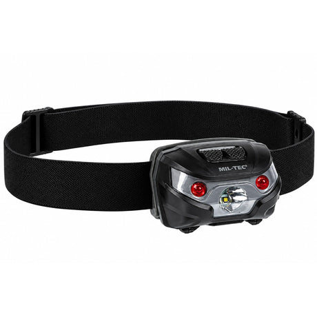 Black Mil-Tec LED head torch with adjustable elastic headband and multiple light settings