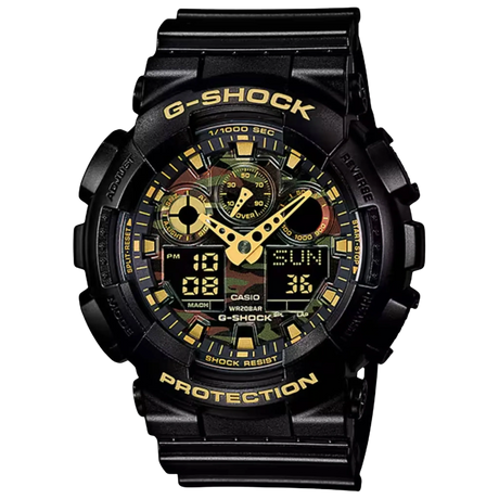 Sleek G-SHOCK with camo dial and gold accents