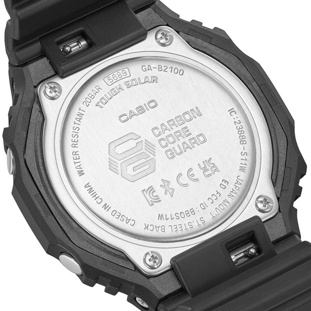 Side profile of Casio G-Shock GA-B2100-1AER black rugged watch case