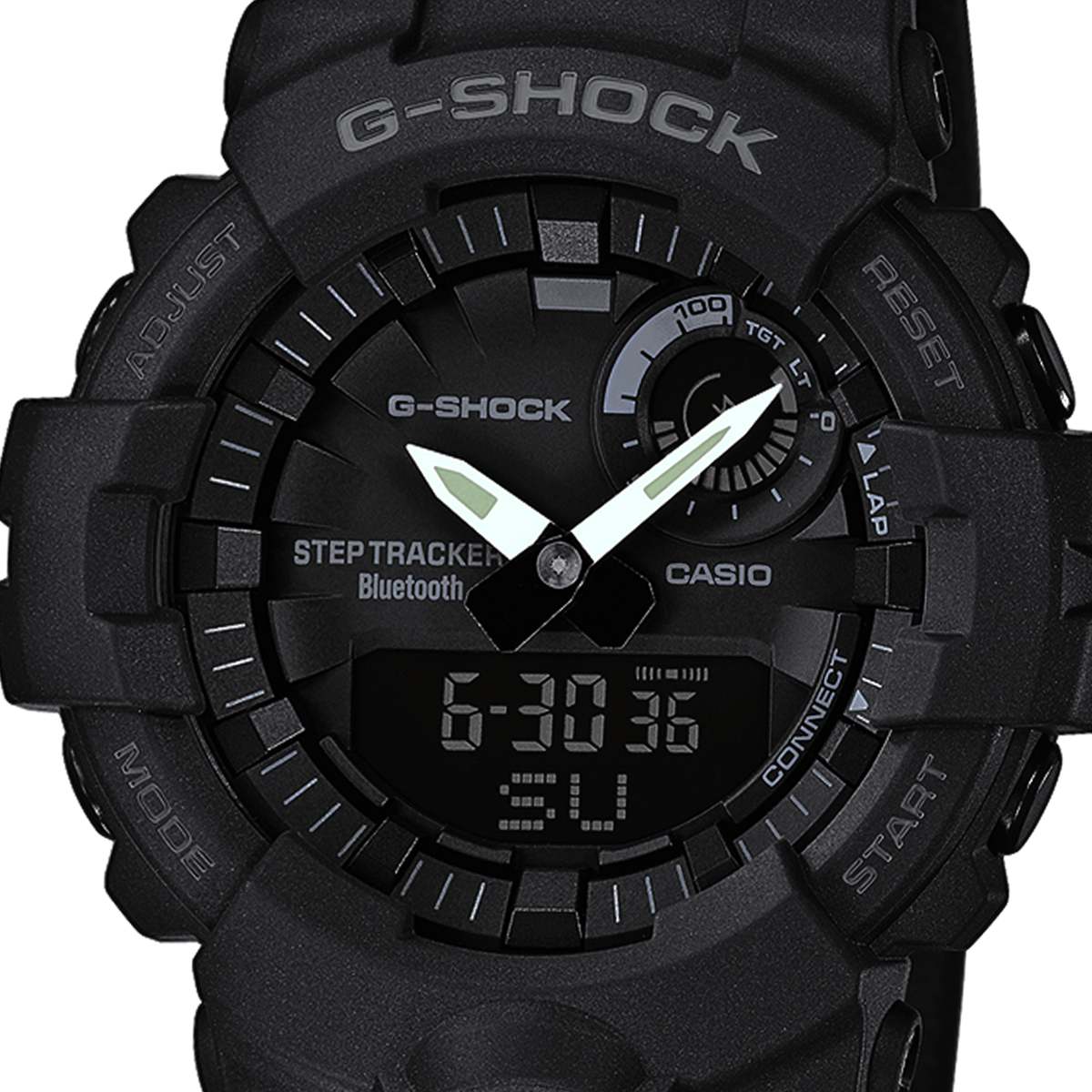 Casio G-Shock GBA-800-1AER display showing analog and digital time