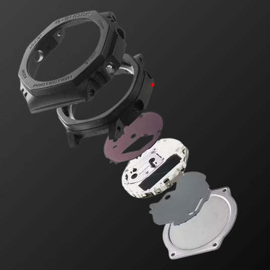 part view of Casio GA-B2100-1AER dial showing analogue hands and digital screen