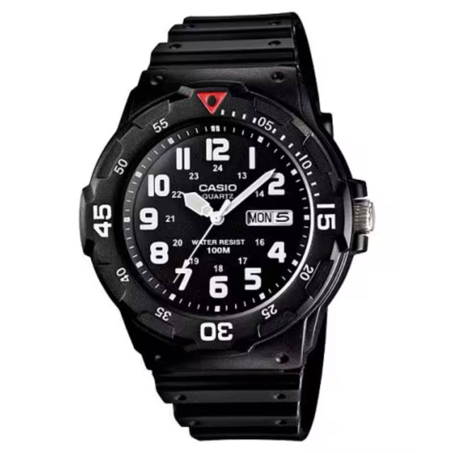 Casio MRW-200H-1BVES men's black analogue watch with resin strap, rotating bezel and day-date display