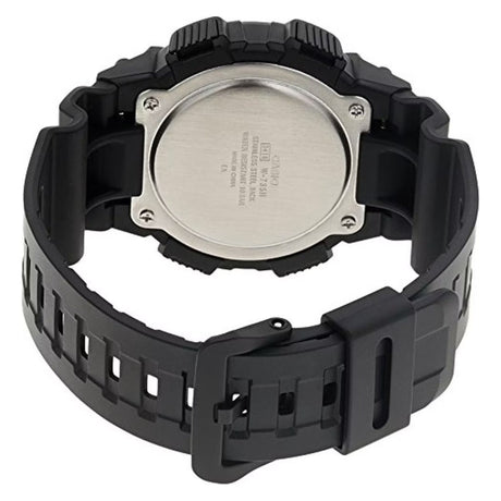 Rear view of Casio W-735H-1AVEF digital watch showing stainless steel case back and adjustable black resin strap