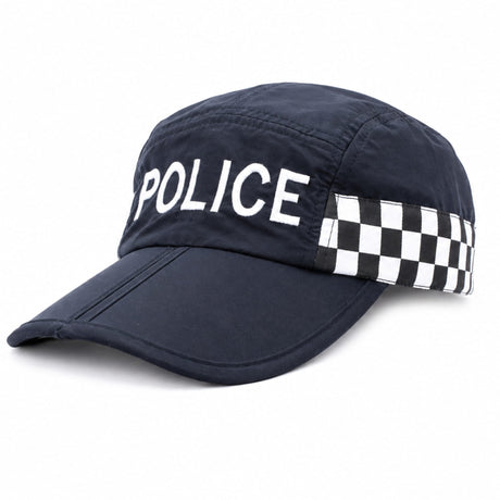 Blue folding police cap with black and white checkered band on white background