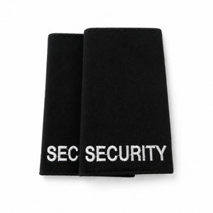 Black embroidered security epaulettes featuring crisp white text for officer uniform shirts.