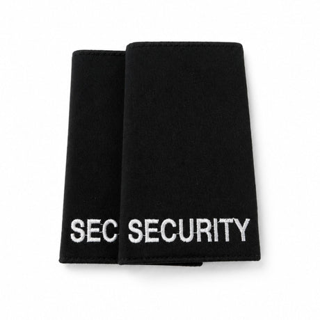 Black embroidered security epaulettes featuring crisp white text for officer uniform shirts.