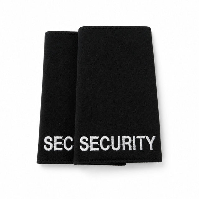 Black embroidered security epaulettes featuring crisp white text for officer uniform shirts.