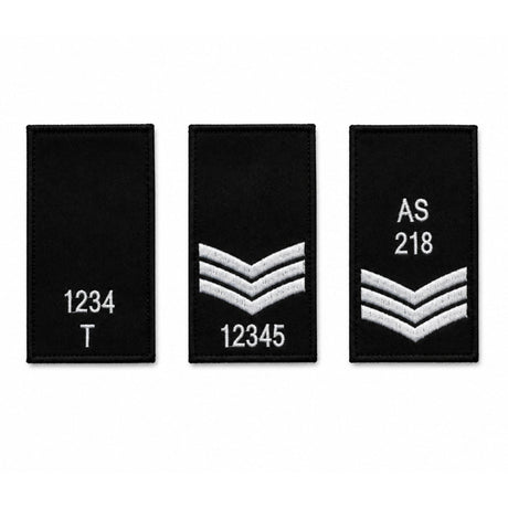 Embroidered police style rank slide with custom text and chevron detail