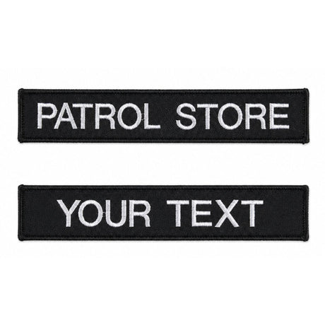 Custom embroidered black name patches with white text for police, security and tactical uniforms