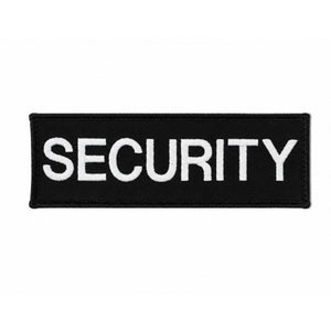 Security embroidered badge with durable stitched white text