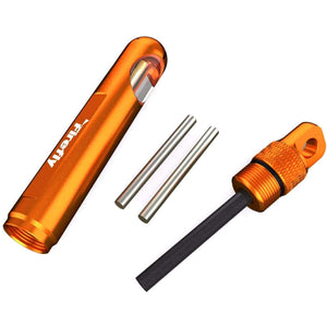 Firefly Champion Spark Marker with orange aluminium housing, ferrocerium rod, ceramic striker and magnesium bar