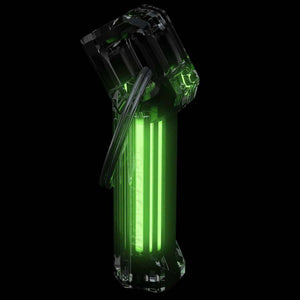 Firefly Flint-Glow Marker showing green self-luminous tritium illumination in darkness